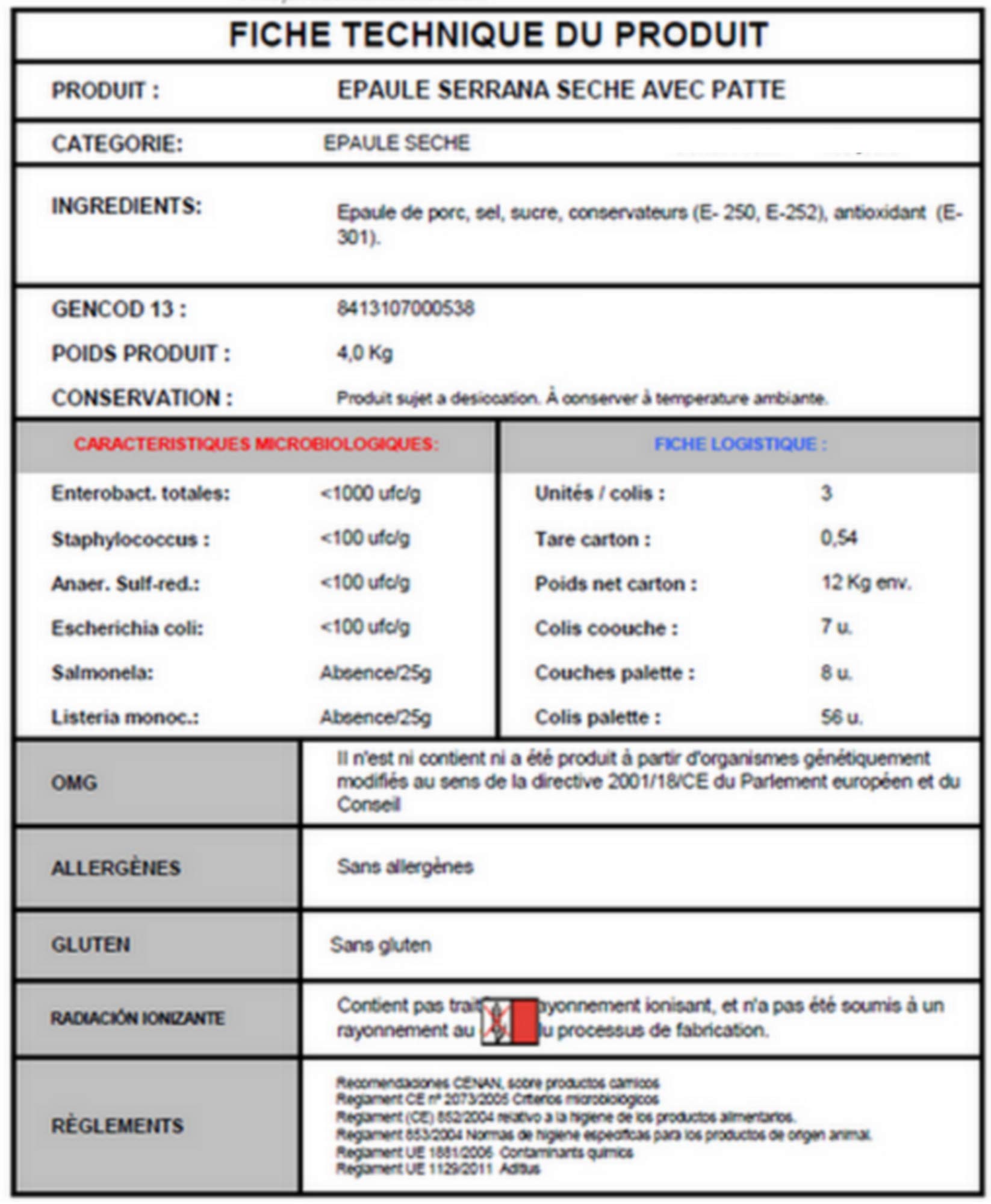 Epaule Serrano séchée avec patte env. 3,8 kg