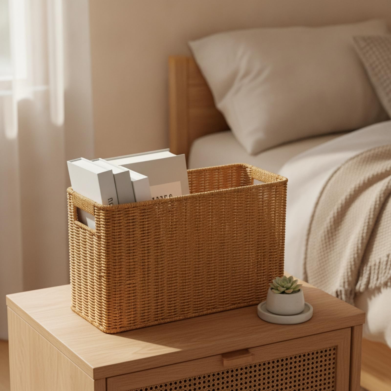 MagiDeal Panier En Imitation Rotin Rustique Bords Supérieurs Renforcés, Panier En Rotin Synthétique, pr Étagère, 38x15x26cm, Couvercle