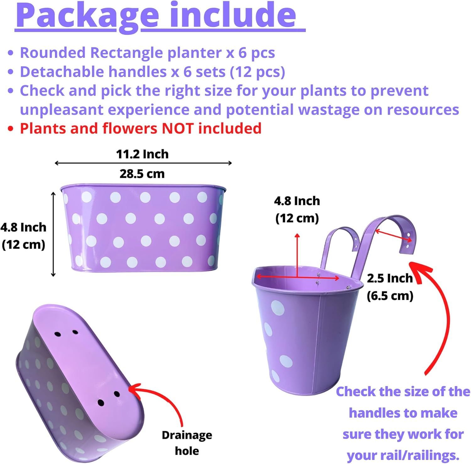 LaLaGreen Rail Planter for Deck Railing (11.2 Inch, 6 Pack) Multicolor Metal Iron Hanging Flower Pots, Polka Dot and Strawberry Fence Garden Wall Mount Window Box Plant Holder with Hooks Porch Decor