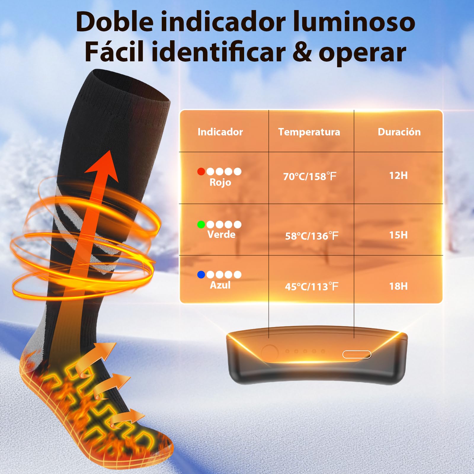 Calcetines Calefactables Recargables, 2 × 9000 mAh/5 V Calcetines Calefactables Mujeres y Hombres, Máximo Uso18 h, Calcetines Termicos Ajustables 3 Niveles 45℃/58℃/70℃ para Tallas 37-47