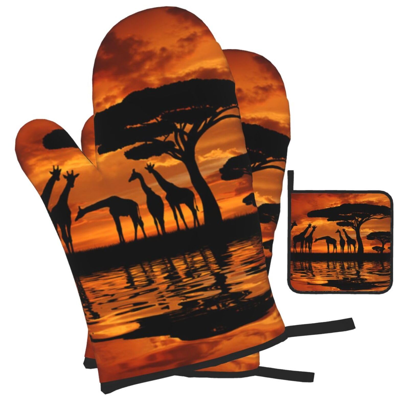 Giraffe under the tree in Africa Printed Oven Mitts and Pot Holders Heat Resistant Set of 3 Pcs, Modern Kitchen Gloves & Potholders for Cooking Baking Grilling