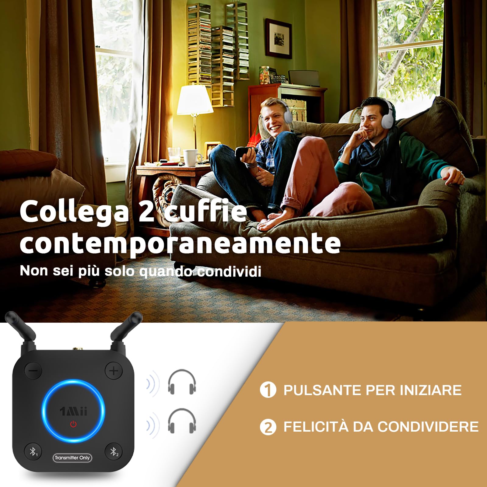 1Mii B06TX Trasmettitore Bluetooth 5.3 per TV a 2 Cuffie Bluetooth | aptX Bassa Latenza/HD, Lungo Raggio 60m, Adattatore Audio Wireless con Ingresso Ottico, Coassiale, AUX/RCA, Controllo Volume