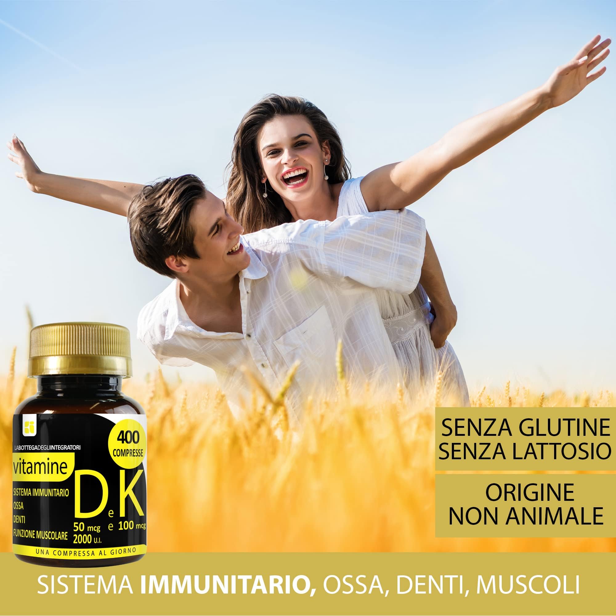 Vitamine DK 4000 Compresse 1 al giorno | D3 2000 U.I. da Lichene K2 100 µg da Natto| Non di origine animale | Sistema Immunitario Ossa e Denti LA BOTTEGA DEGLI INTEGRATORI