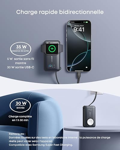 Anker Batterie Externe Magnétique 10000 mAh PD 35W avec câble USB-C intégré, Power Bank Charge Rapide, pour Apple Watch, iPhone 17 Pro Max/17/15/14/13, Samsung, iPad, AirPods et Autres (Noir) - 3