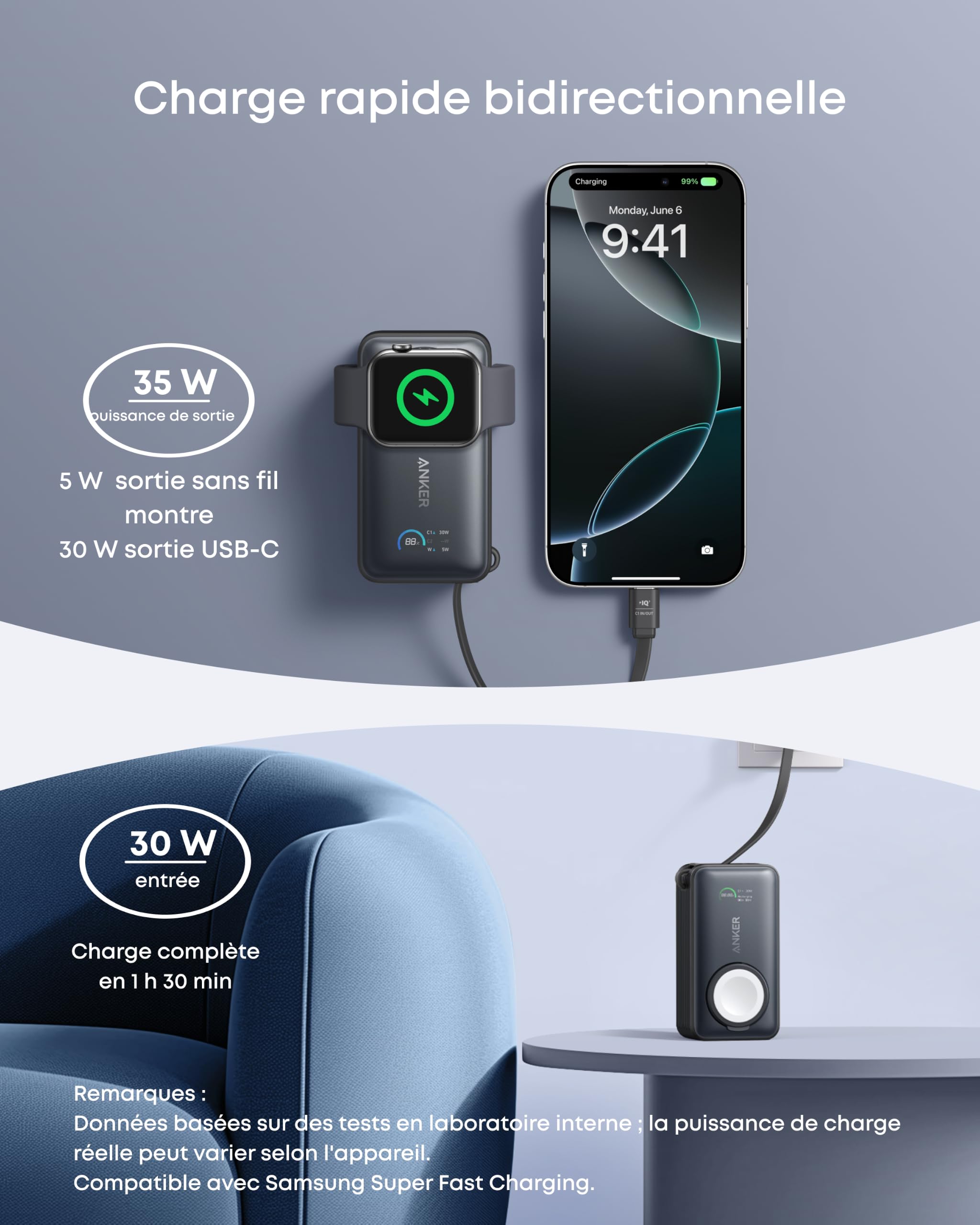 Anker Batterie Externe Magnétique 10000 mAh PD 35W et Câble USB C Intégré | Charge Rapide pour Apple Watch, iPhone 17 Pro Max/17/15/14/13, Samsung, iPad, AirPods et Autres (Noir)