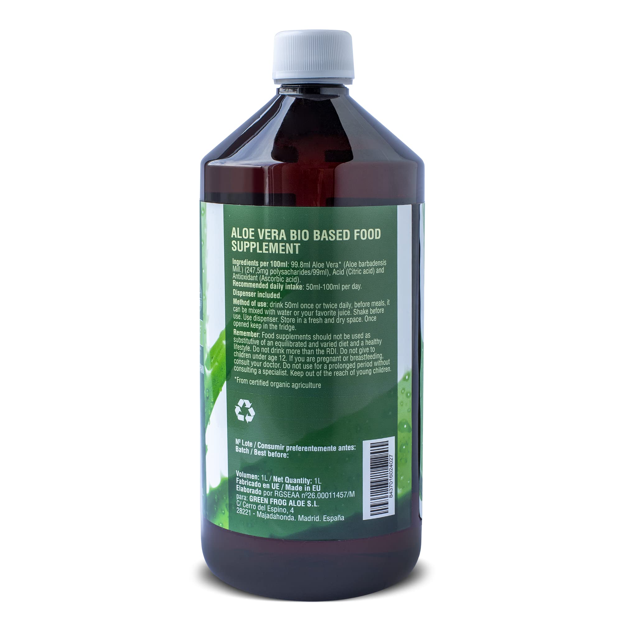 Green Frog - Jugo de Aloe Vera (99,8%) sin Pulpa - 1 Litro - 100% Ecológico - Rico en Vitaminas A, C, E y Grupo B - Aminoácidos Esenciales - Botella de PET - Libre de Aloínas