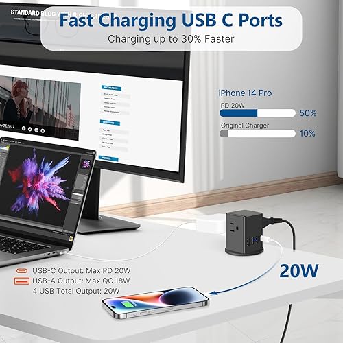 Miniatura 3 de Ojal de alimentación de escritorio de 2 pulgadas, estación de carga rápida USB C de 20 W, salida empotrada con orificio de escritorio, salida