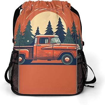 Sports Drawstring Backpack,Red Pickup Truck Carrying String Swim Gym Bag with Shoes Compartment Gym Drawstring Bag
