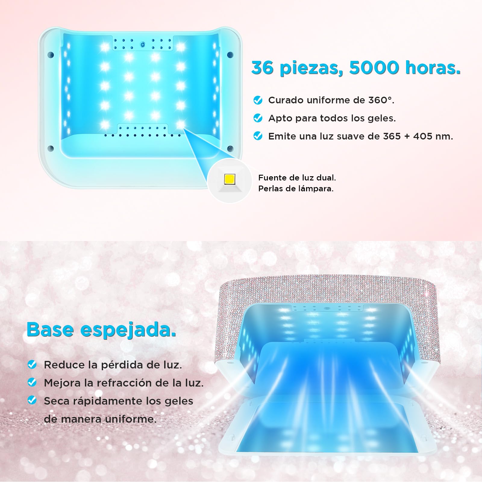 Lámpara UV recargable e inalámbrica para uñas de gel, lámpara LED para uñas con 4 modos de temporizador y decorada con brillantes diamantes de imitación para uñas, 1pcs