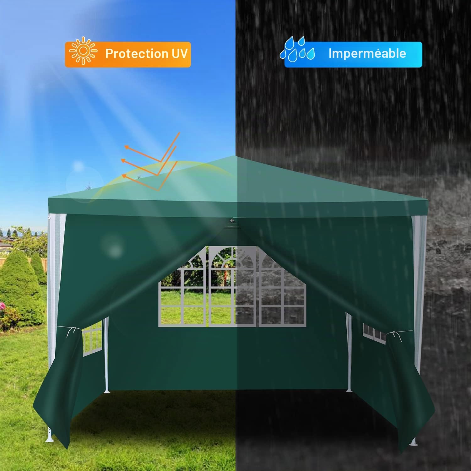 Tonnelle de jardin étanche, 3 x 3 m, avec 4 parois latérales et fenêtres, protection anti-UV 50+, tente de réception pour fête, stand de marché, festival, marché aux puces et camping, vert