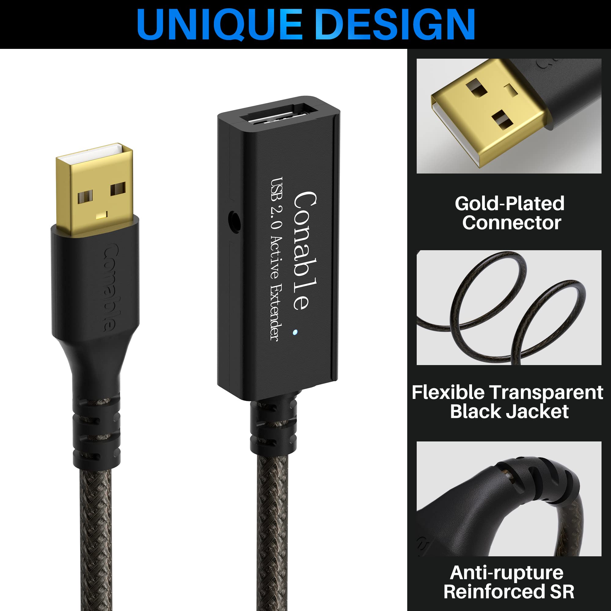 Długi, aktywny przedłużacz USB, 45,8 m, 22 AWG, wtyczka USB 2.0 typu A na gniazdo, kabel z 3 chipami przedłużającymi, wzmacniacz sygnału, 5 opasek kablowych, 45,7 m