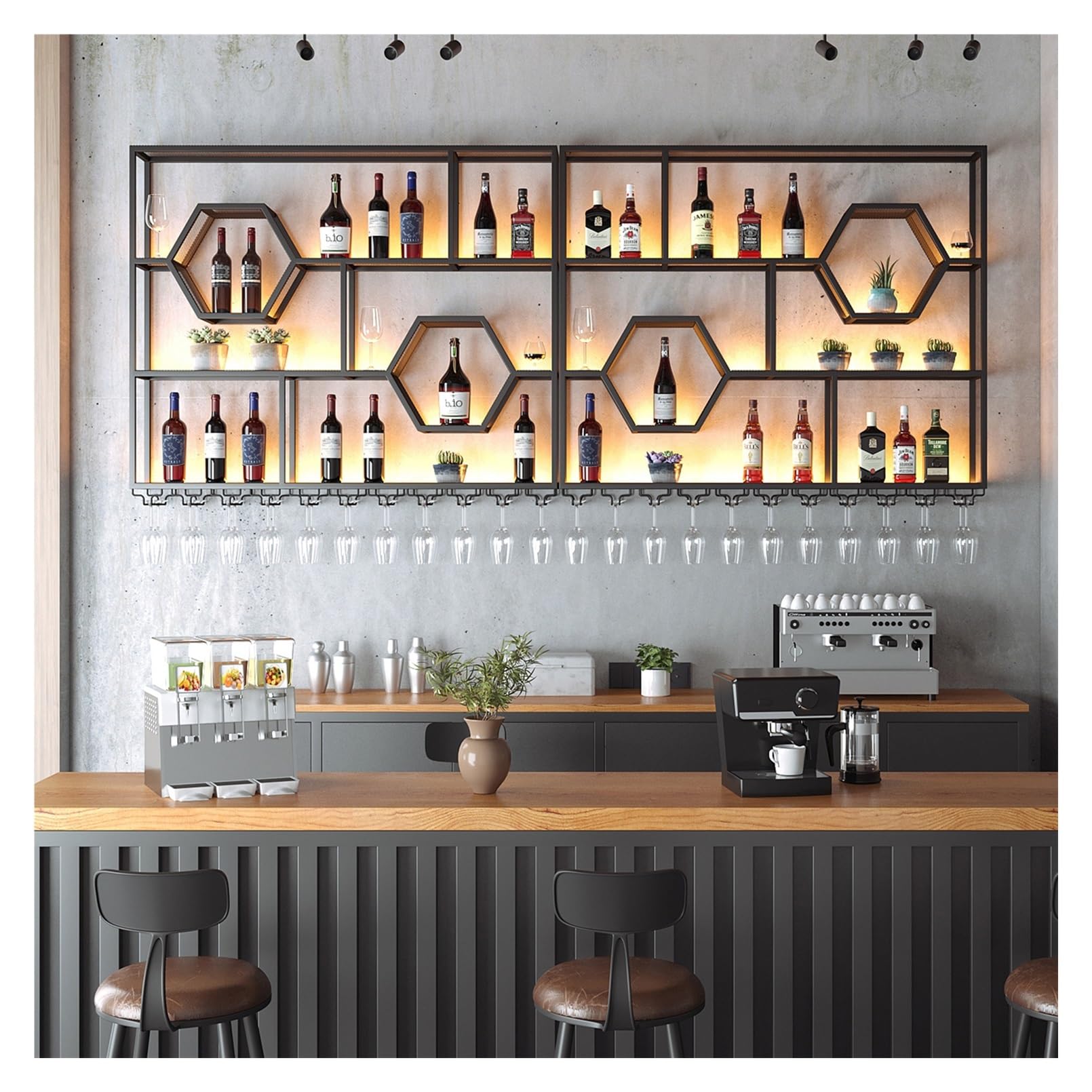 WLCNYL Estantes de Metal para almacenar Vino, Estante para Vino Negro montado en la Pared con Soporte para Copas de Vino, Estante de exhibición para Botellas de Licor con luz LED, Estante para Vino
