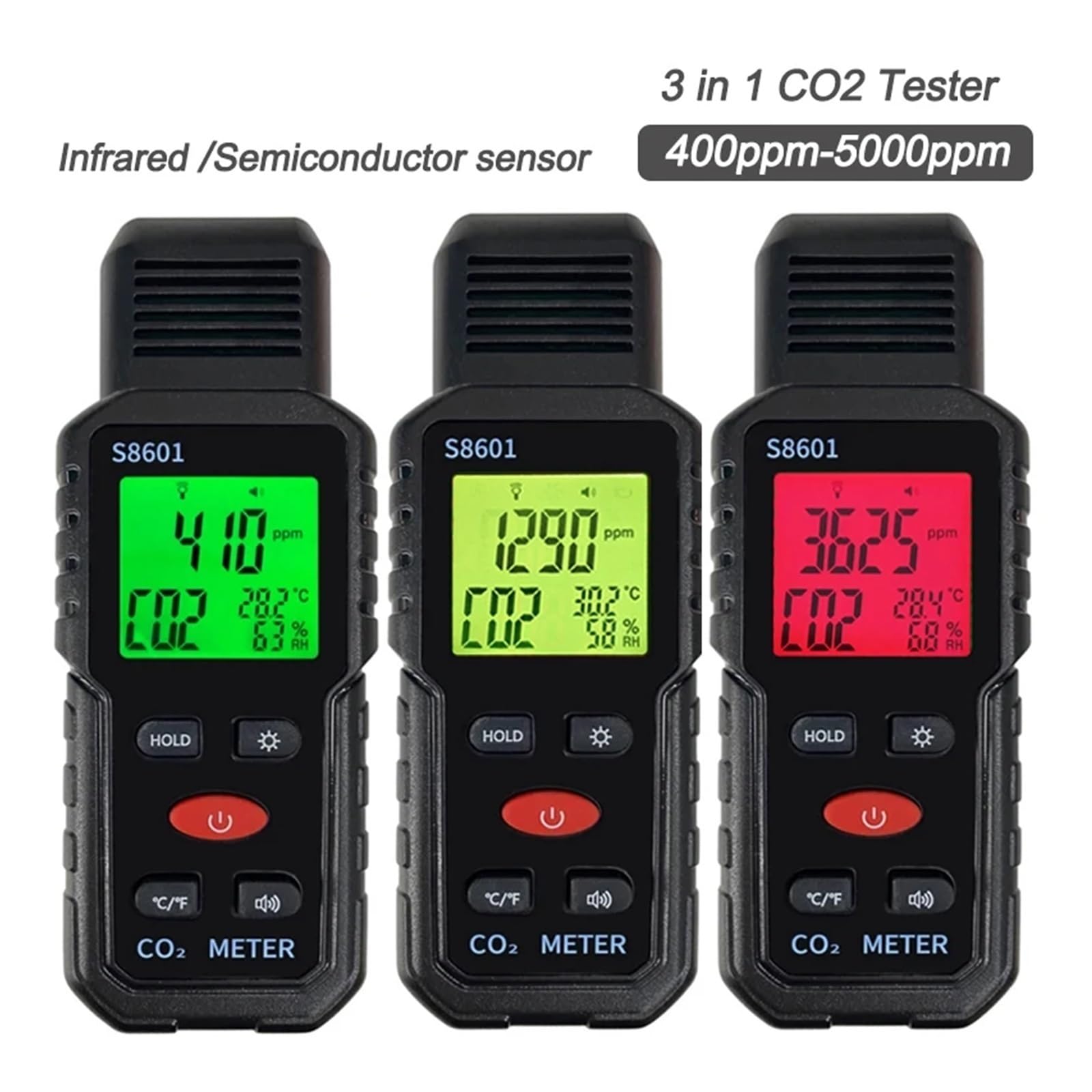 CO2-Tester, Kohlendioxid-Detektor, Rmluftqualitätsmonitor, 3-in-1, tragbarer CO2-Monitor-Tester, Temperatur und Luftfeuchtigkeit for zu Hse Breites Anwendungsgebiet(Semiconductive Senso)