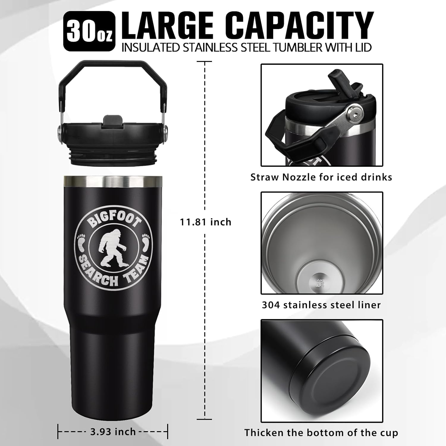Bigfoot Gifts for Men Women, Funny Big Foot Lover Gift Ideas Sasquatch Tumbler Insulated Water Bottle Stainless Steel Travel Cup with Handle and Straw, 30 oz Leak Proof Coffee Mug Keep Drink Cold - Image 2