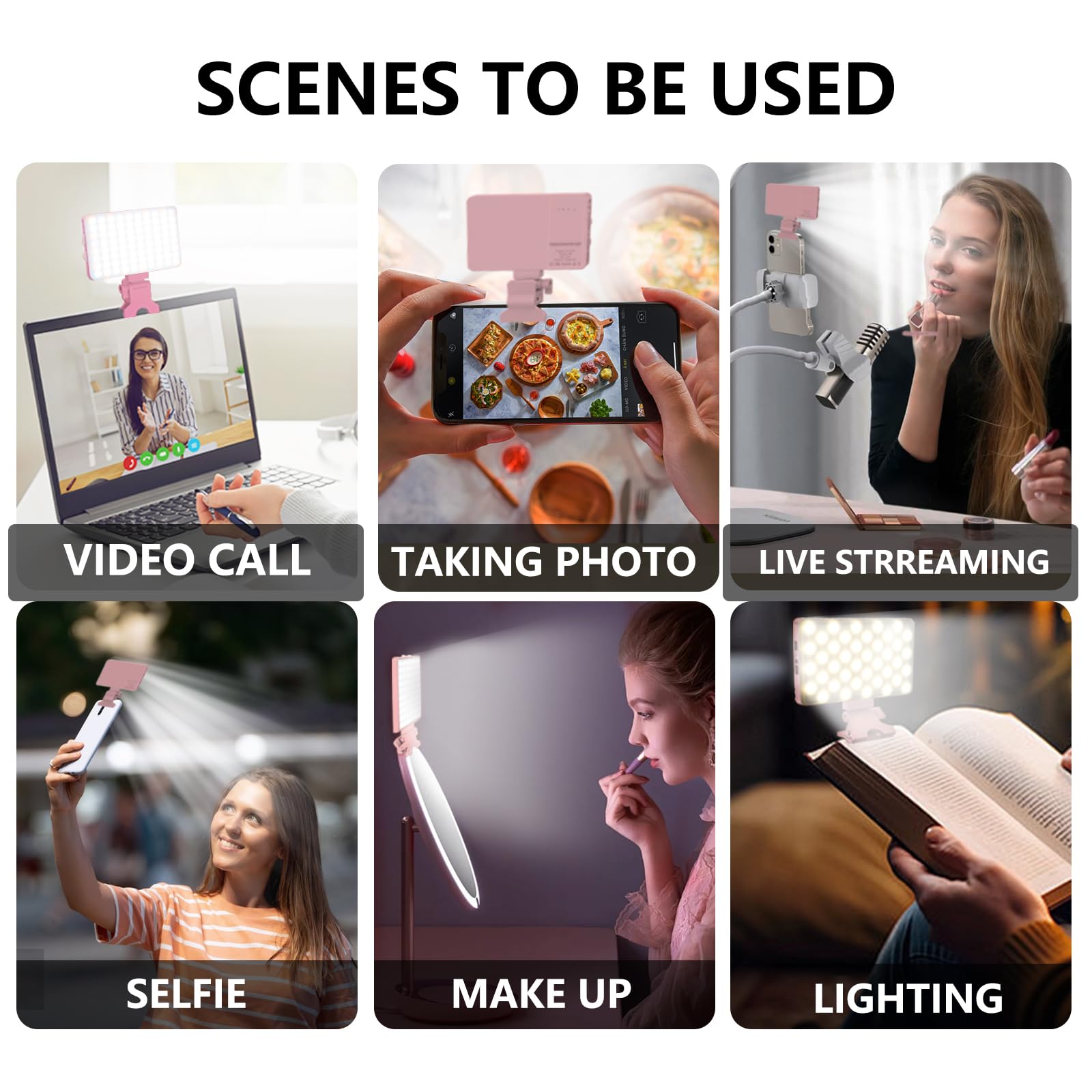 Zhaoray Pink Selfie Light with Phone Clip,80led Portable Selfie Light with 3 Modes and Infinite Adjustment Modes, 2000mah Rechargeable for Phone, Laptop, Makeup, Live Stream