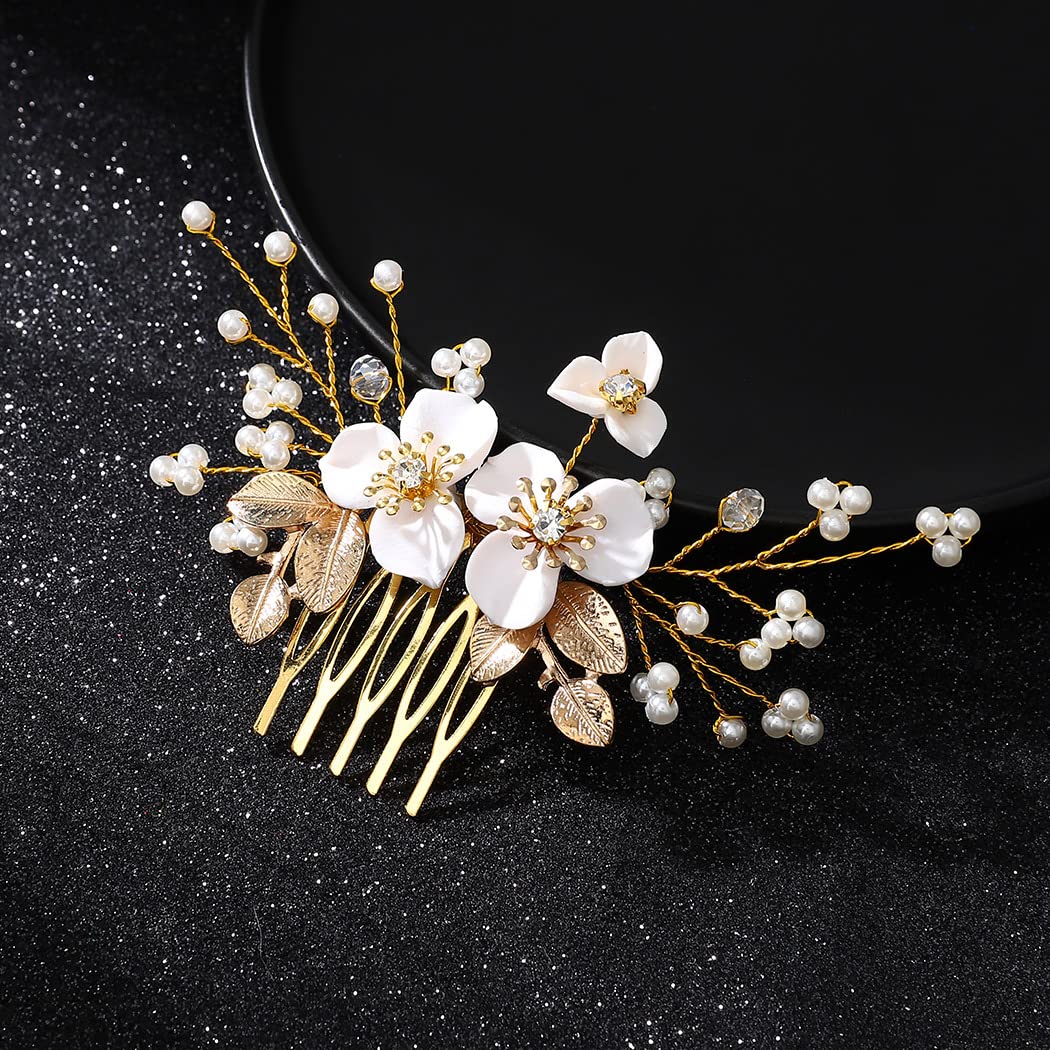 Jakawin Flower Bride Wedding Hair Piece Gold Leaf Hair Comb Pearl Bridal Hair Accessories for Women HC132