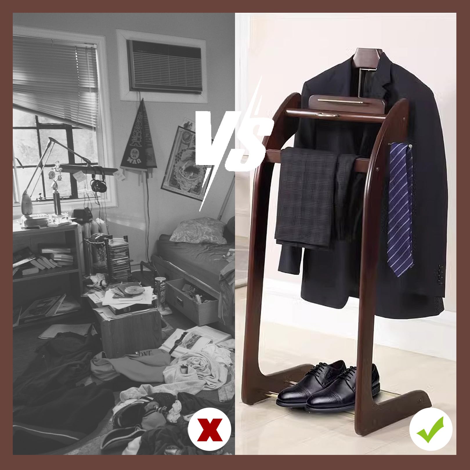 Valet de valet rustique en bois massif pour homme avec support pour pantalons, cravates et base lourde – Idéal pour chambre à coucher, salle de bain, salon