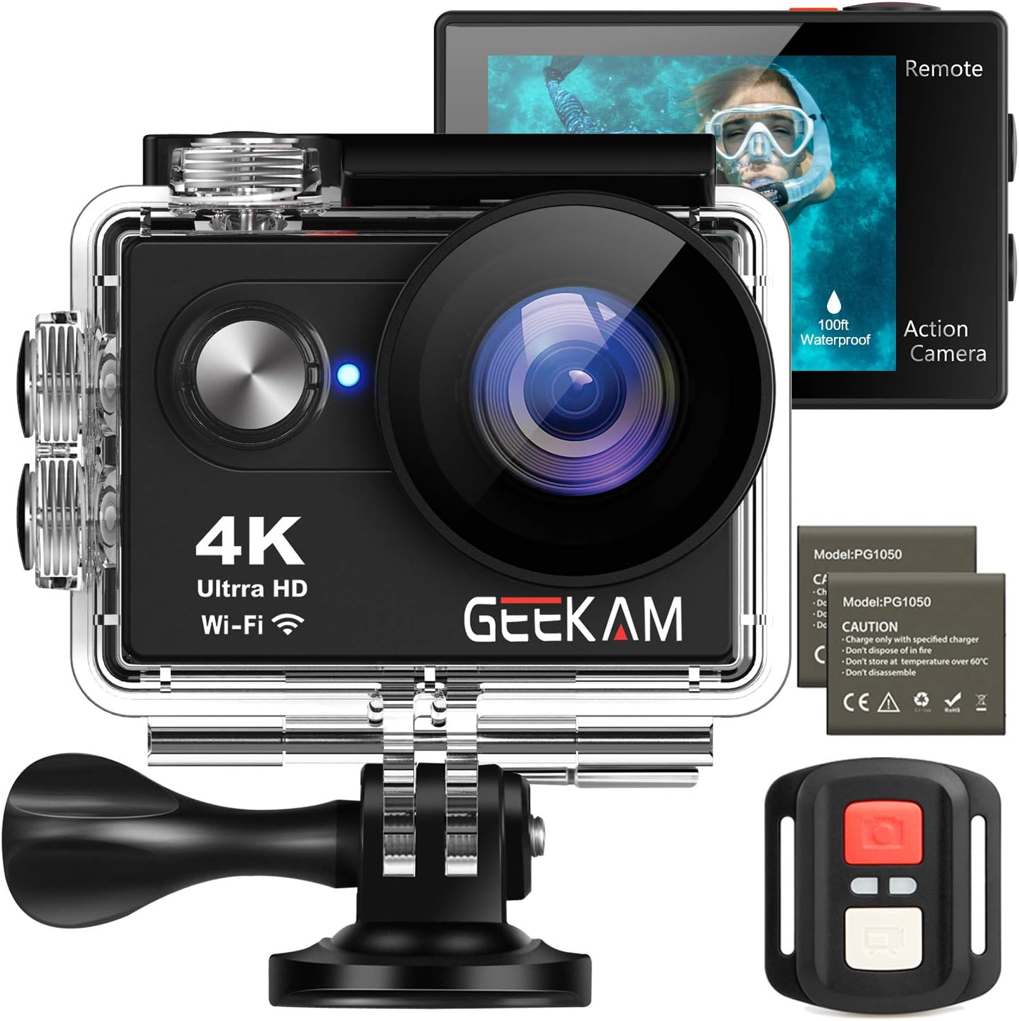 GEEKAM Action Helmet Camera 4K 16MP WIFI Ultra HD Waterproof Sports Camera with 2.4G Remote Control 170 Degree Wide Angle 2 Inch LCD Screen with 2x1050mAh Batteries and Accessories Kits - S9R