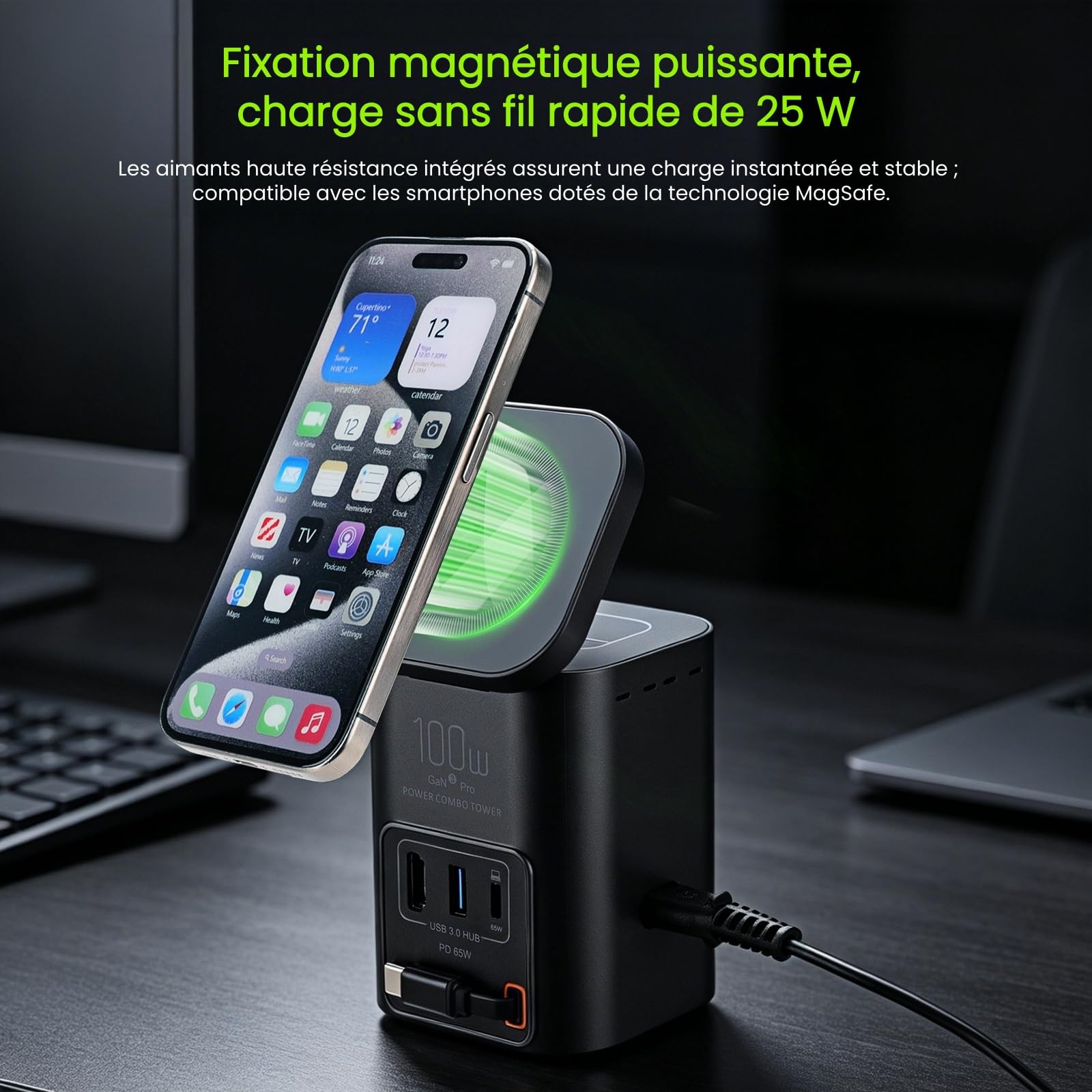 Tour de Charge 6 en 1, Station de Charge GaN 100W avec Chargeur sans Fil Qi2.2 25W, Câble USB-C Rétractable 65W, Port USB-C 65W, HDTV 2.1 8K et Hub USB 3.0