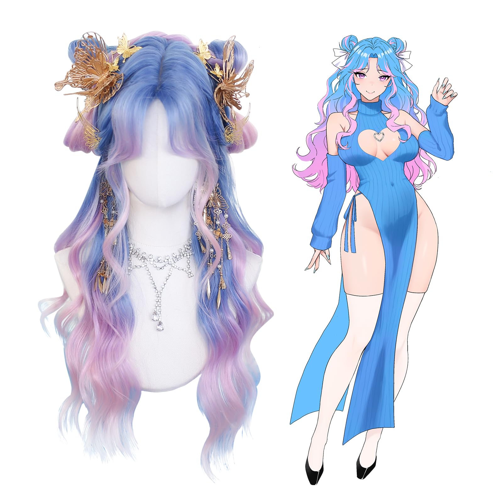 KORURACLUB gradient Wigs cosplay Wig pink and lolita wigs anime wig halloween Wigs for women (No accessories included) (): Aurora Blue-Pink