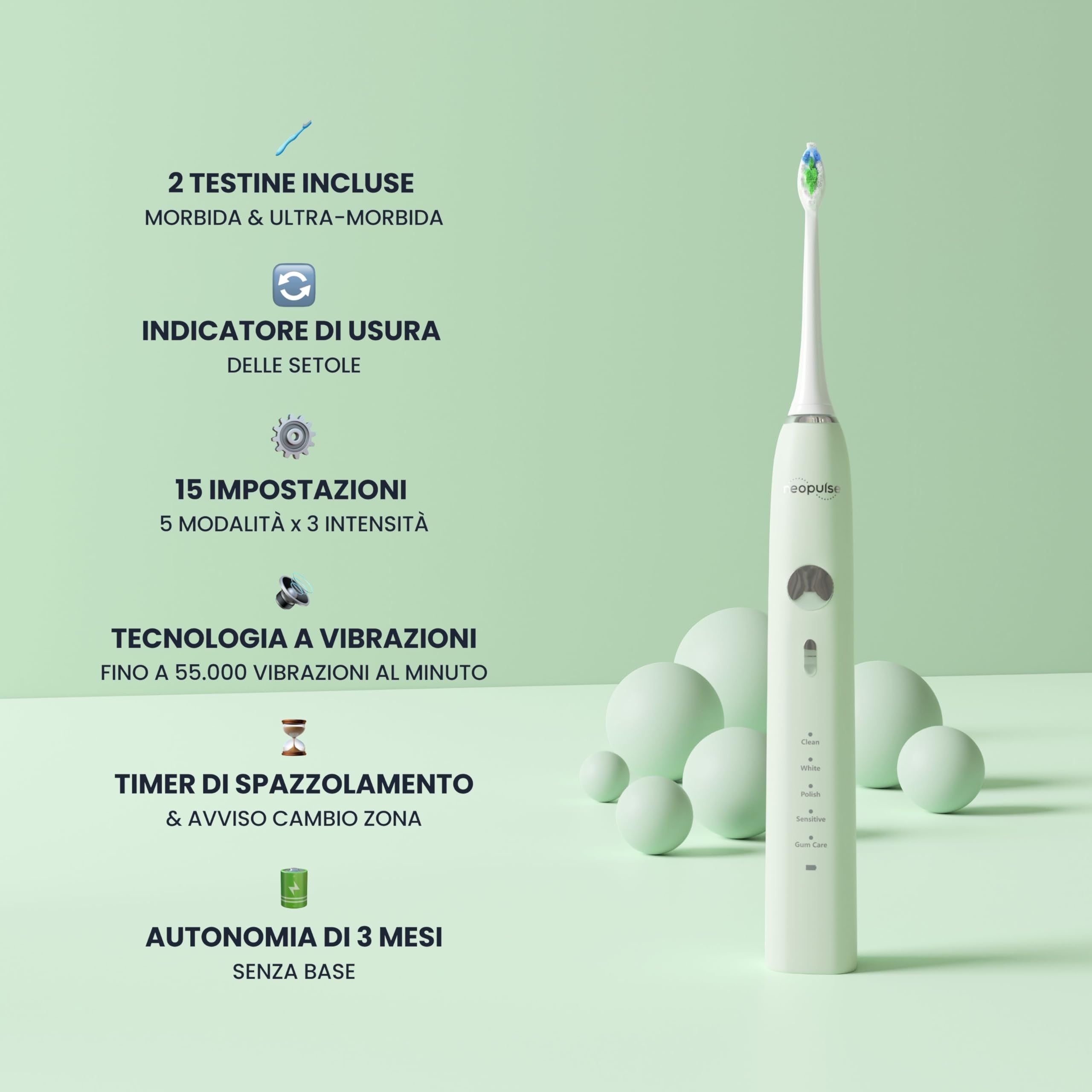 NEOPULSE NEOSONIC® Spazzolino Elettrico Sonico – 5 Modalità e 3 Intensità (15 impostazioni) – 3 mesi di autonomia – Timer 2 minuti – Ricarica USB-C – 2 Testine – Verde