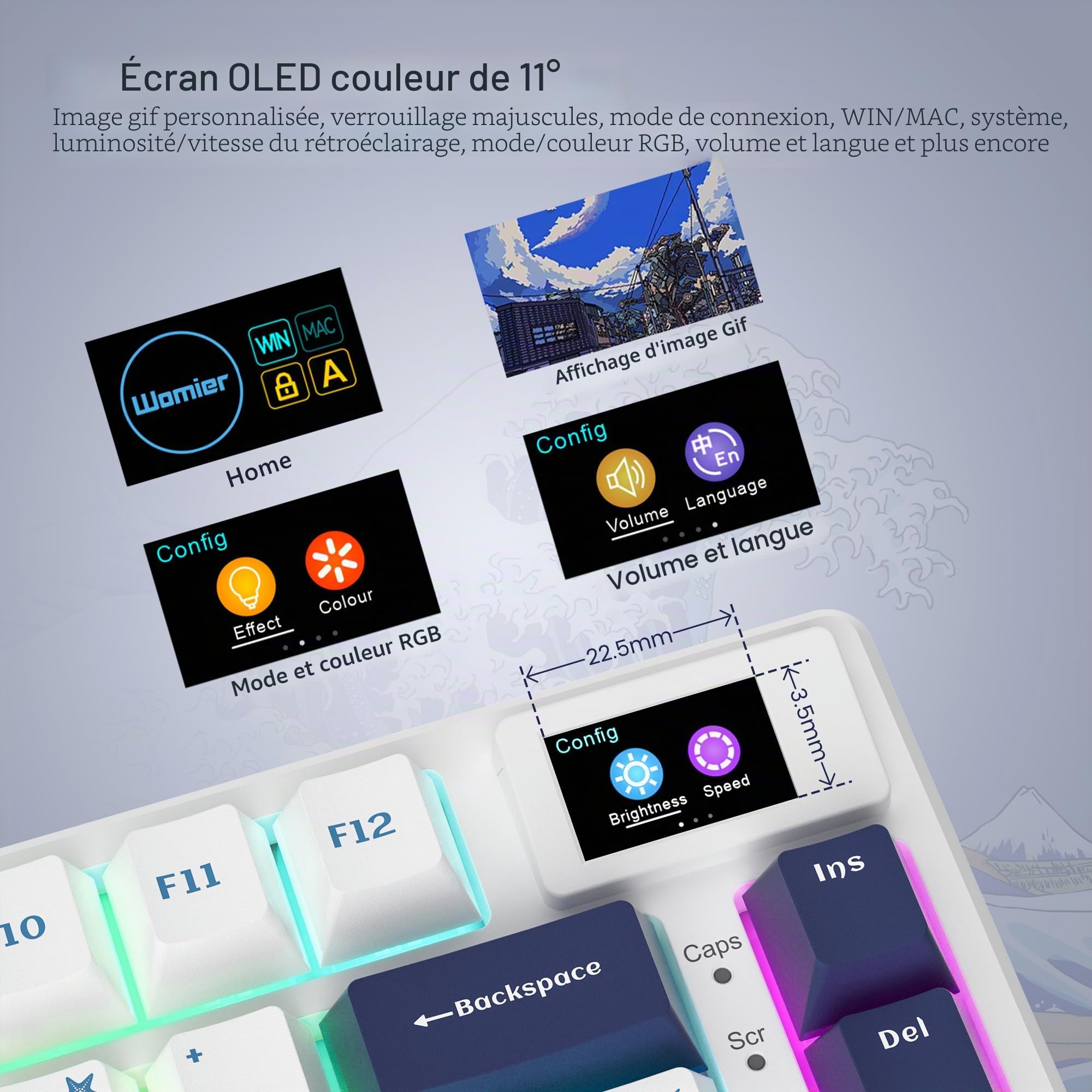 Womier S-K80 Clavier de Jeu mécanique 75% avec écran multimédia Couleur – Clavier de Jeu mécanique remplaçable à Chaud, Clavier personnalisé RVB à Montage sur Joint d'étanchéité, stabilisateur