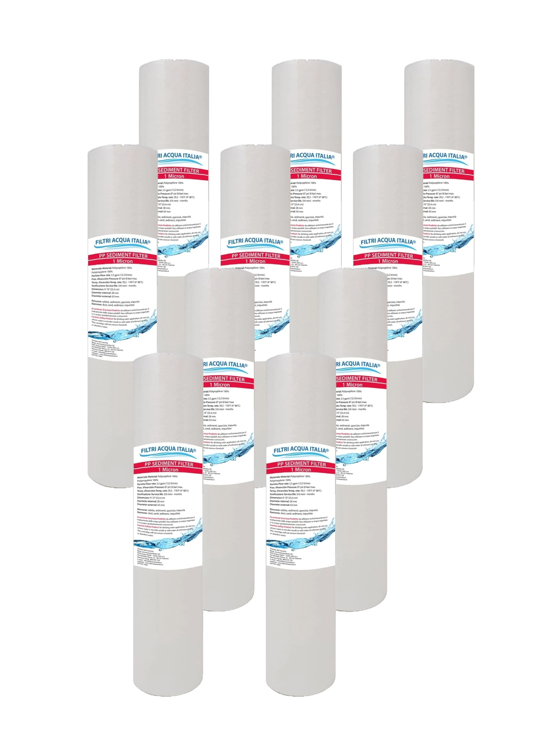 CARTUCCIA FILTRO ACQUA POLIPROPILENE A SEDIMENTI 10 POLLICI MICRON 1 PER OSMOSI INVERSA DEPURATORE ACQUA SET 10 PEZZI