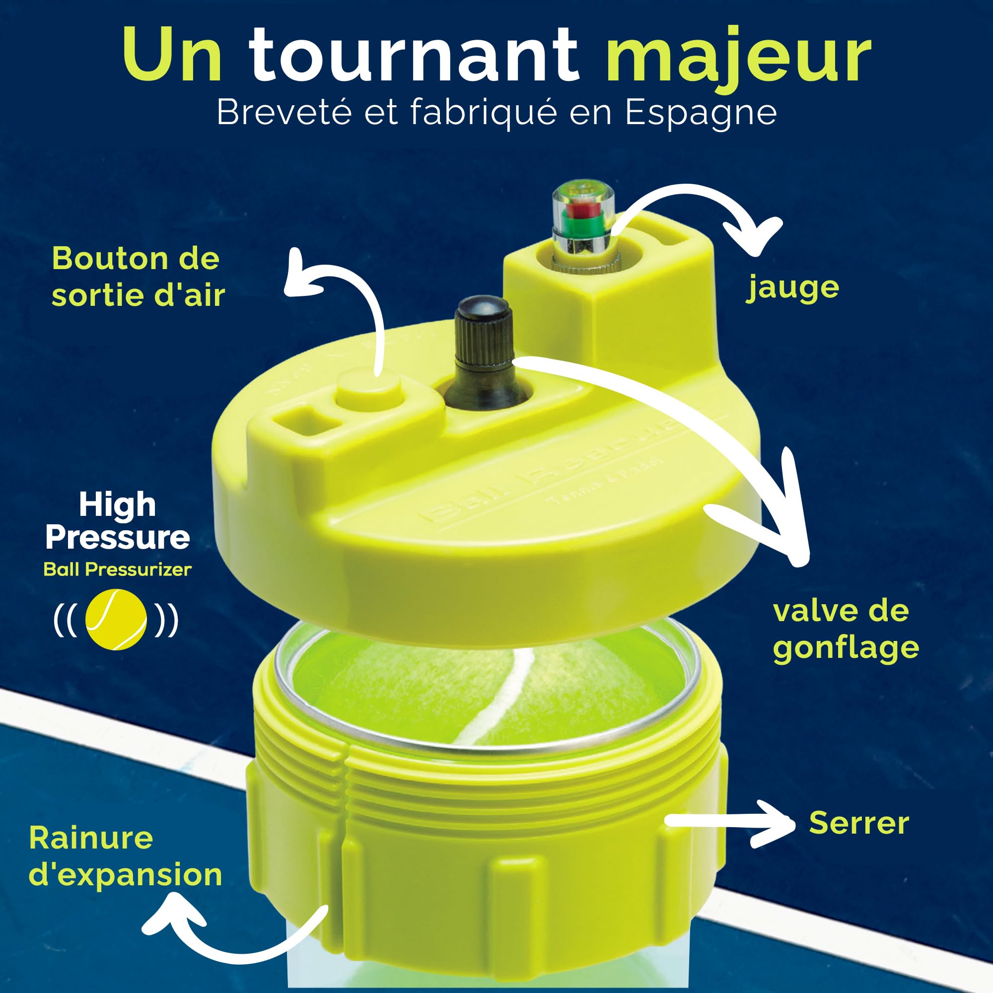 BALL RESCUER - Convertit Les contenants de balles de Padel ou Tennis en Un Pressuriseur de 30 psi - Adaptable aux contenants de 3 ou 4 balles (Contenant Non Inclus).