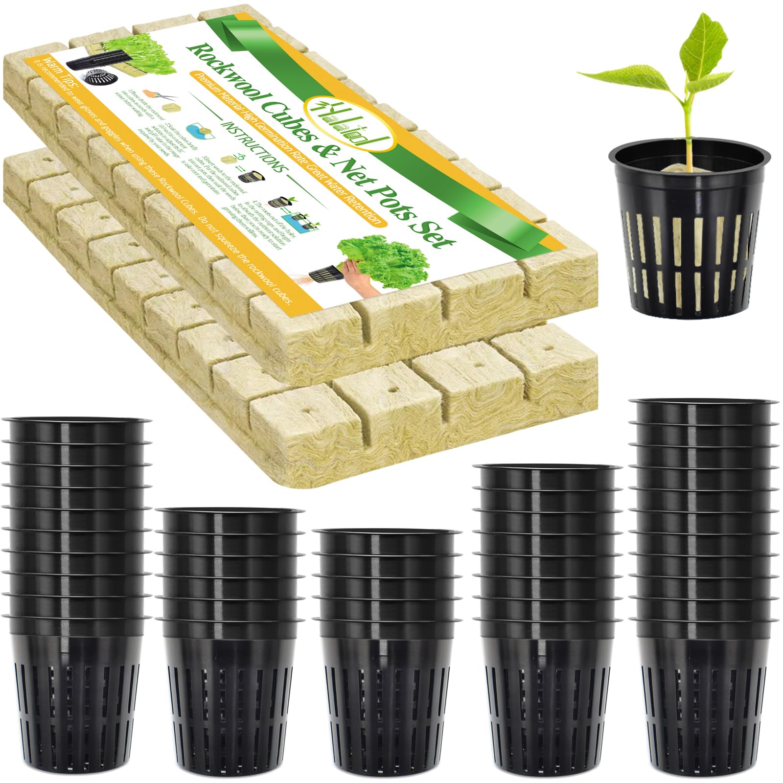 Halatool 72PCS 1.2 Inch Rockwool Cubes with 56PCS 2 Inch Net Cups for Hydroponics Great Kratky Hydroponics Kit for Soilless Cultivation Cloning Plants Growing Seeds