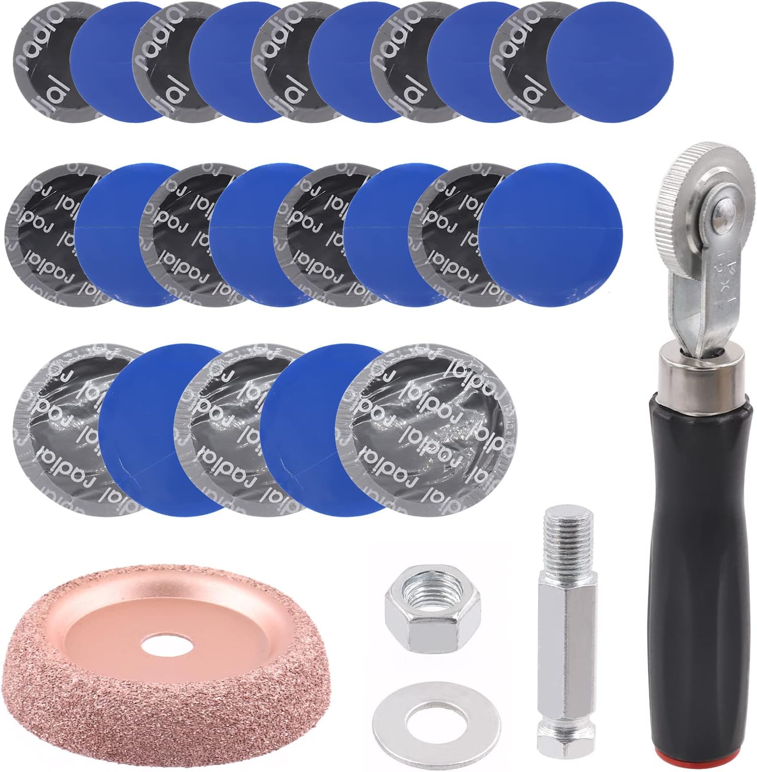 Tanstic 25Pcs Tire Patch Roller Tool Kit Heavy Duty, including Tire Patch Roller with 65mm Buffer Wheel Tire Repair Grinding Head and 23Pcs 3 Sizes Tire Repair Patches for Air Tire Buffer