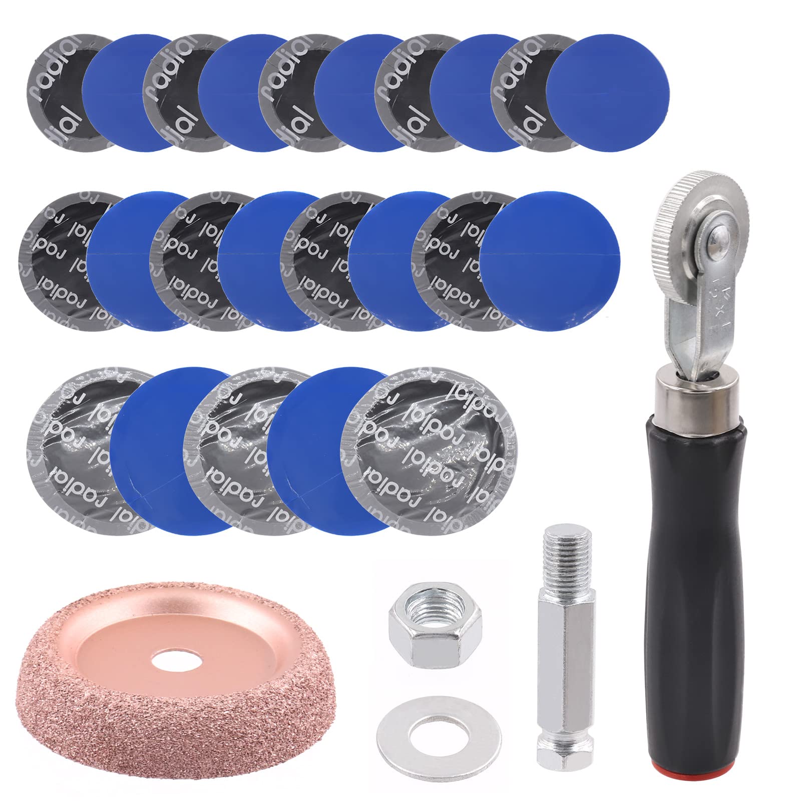 Tanstic 25Pcs Tire Patch Roller Tool Kit Heavy Duty, including Tire Patch Roller with 65mm Buffer Wheel Tire Repair Grinding Head and 23Pcs 3 Sizes Tire Repair Patches for Air Tire Buffer