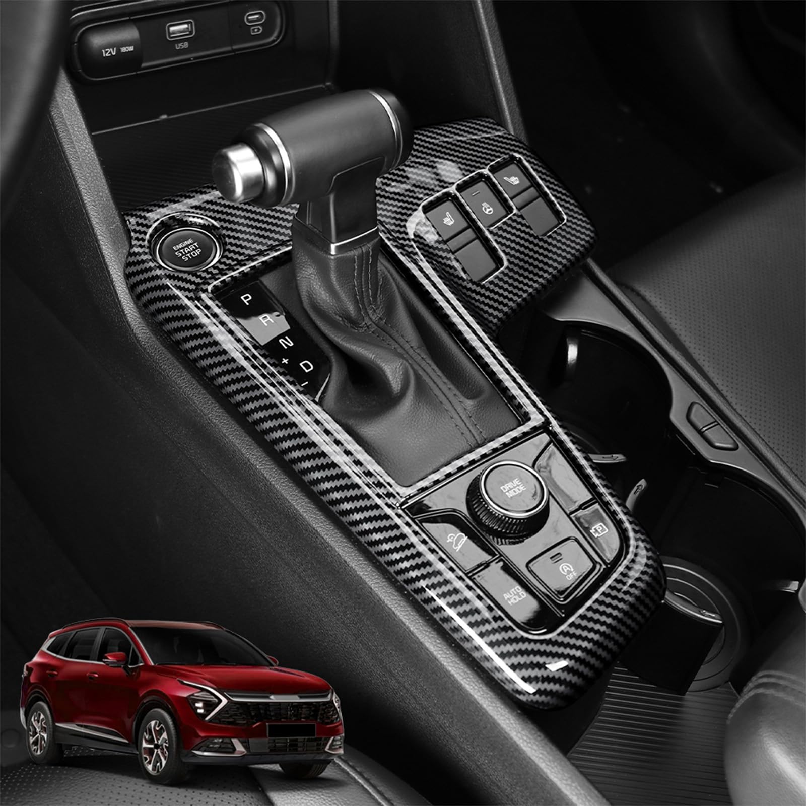 Amzcar Compatible with 2023 2024 2025 2026 Kia Sportage Accessories Grain Car Manual Gear Shift Panel Cover Interior Trim (Carbon Fiber Pattern)