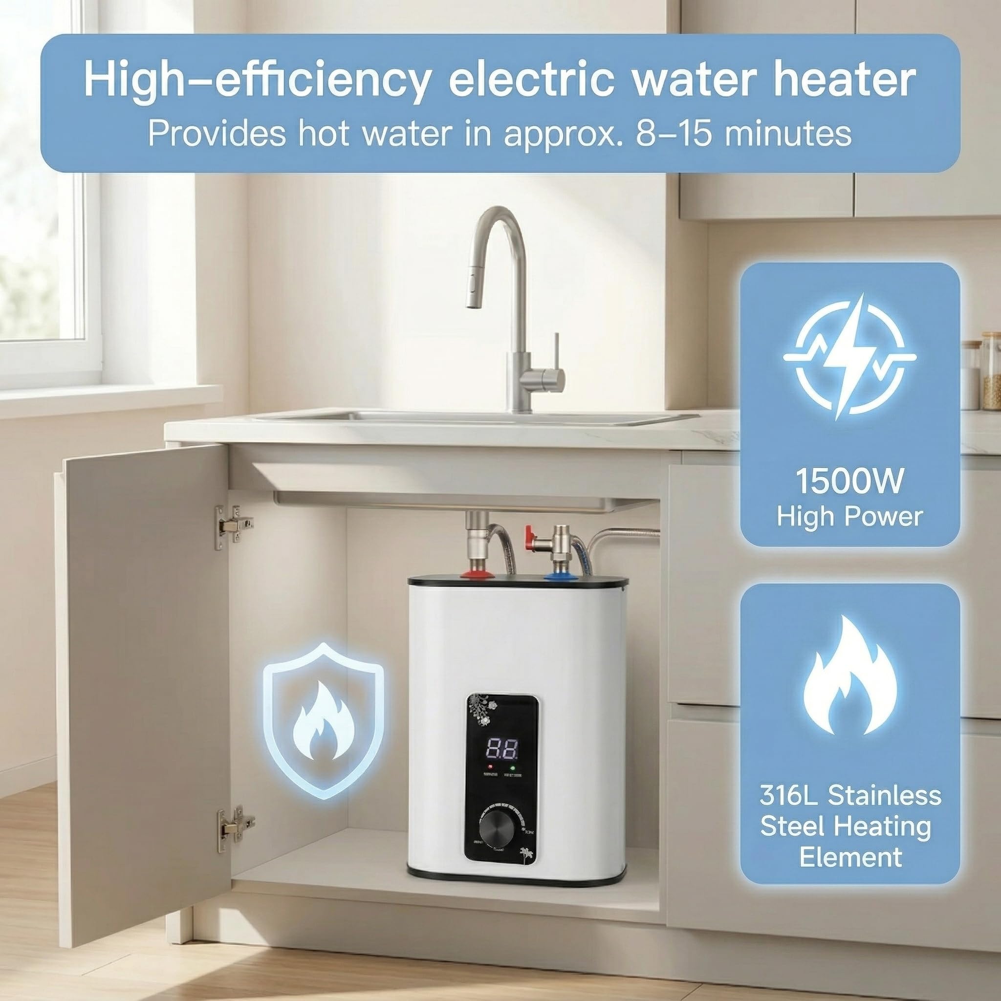 Chauffe-eau sous évier - 8 l - Réservoir d'eau chaude résistant à la pression - 1500 W - Avec écran LED - Température réglable de 0 à 65 °C - Pour lavabo, cuisine et salle de bain - Blanc - 220-240 V