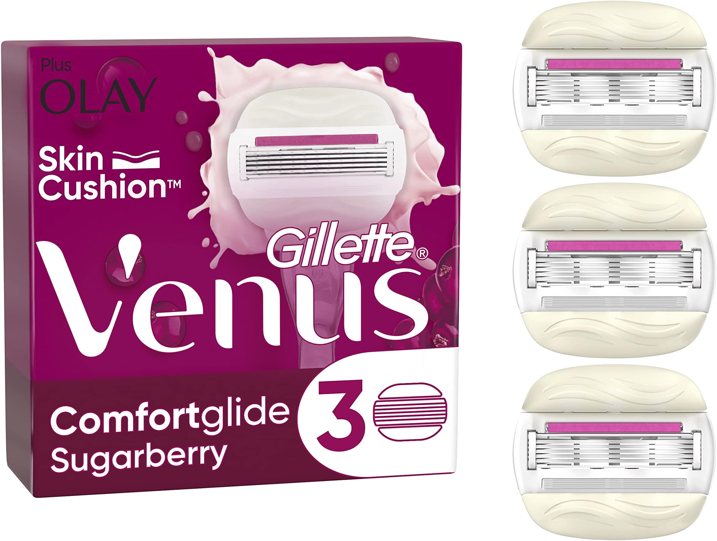 Gillette Venus ComfortGlide Sugarberry with Olay Razor Blades Women, Pack of 3 2-In-1 Razor Blade Refills, Lubrastrip with A Touch of Vitamin E