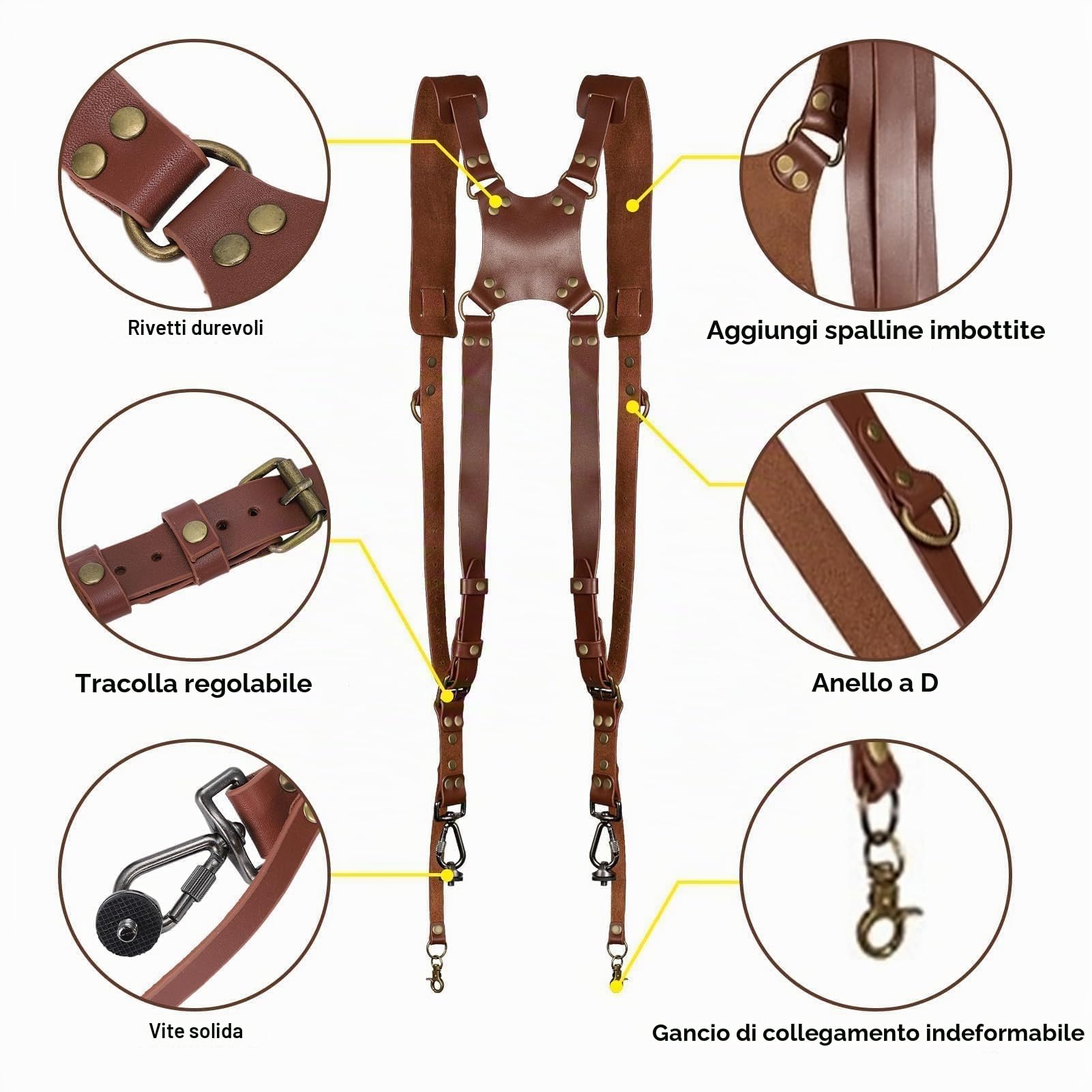 Tracolla Macchina Fotografica, Imbracatura Vintage Doppia Spalla per DSLR SLR, Imbracatura per Fotocamera Doppia in Pelle di Regolabile, Tracolla doppia fotocamera per fotografi di tutti i livelli