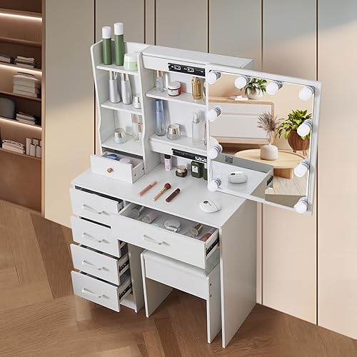 Vanity Desk with Mirror, Shelves and 10 Lights, Makeup Table with 6 Drawers, 3 Color Modes Available for Bedroom, White