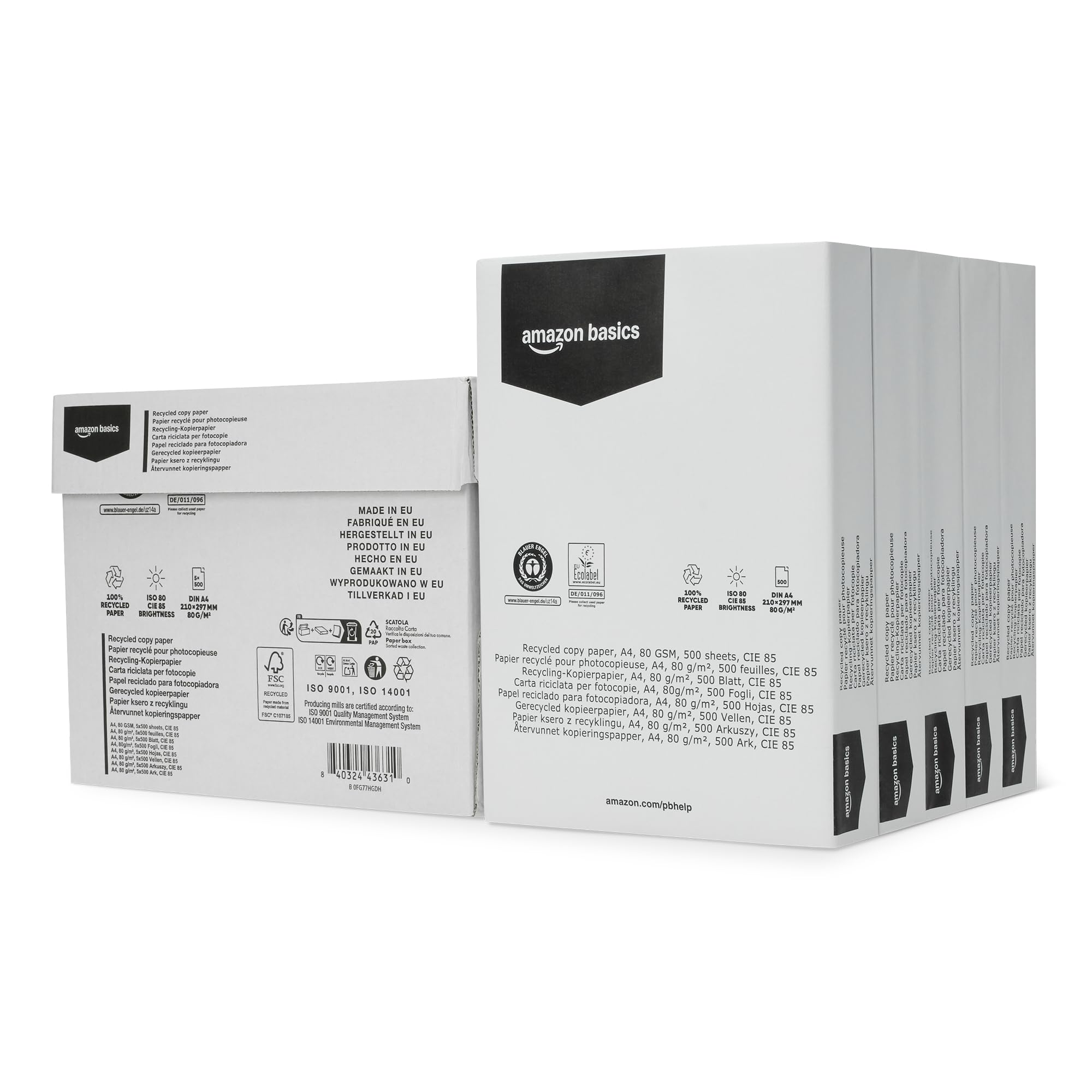 Amazon Basics 100% Recycled Copy Paper A4 80gsm 2500 Sheets (5 Reams) Natural White