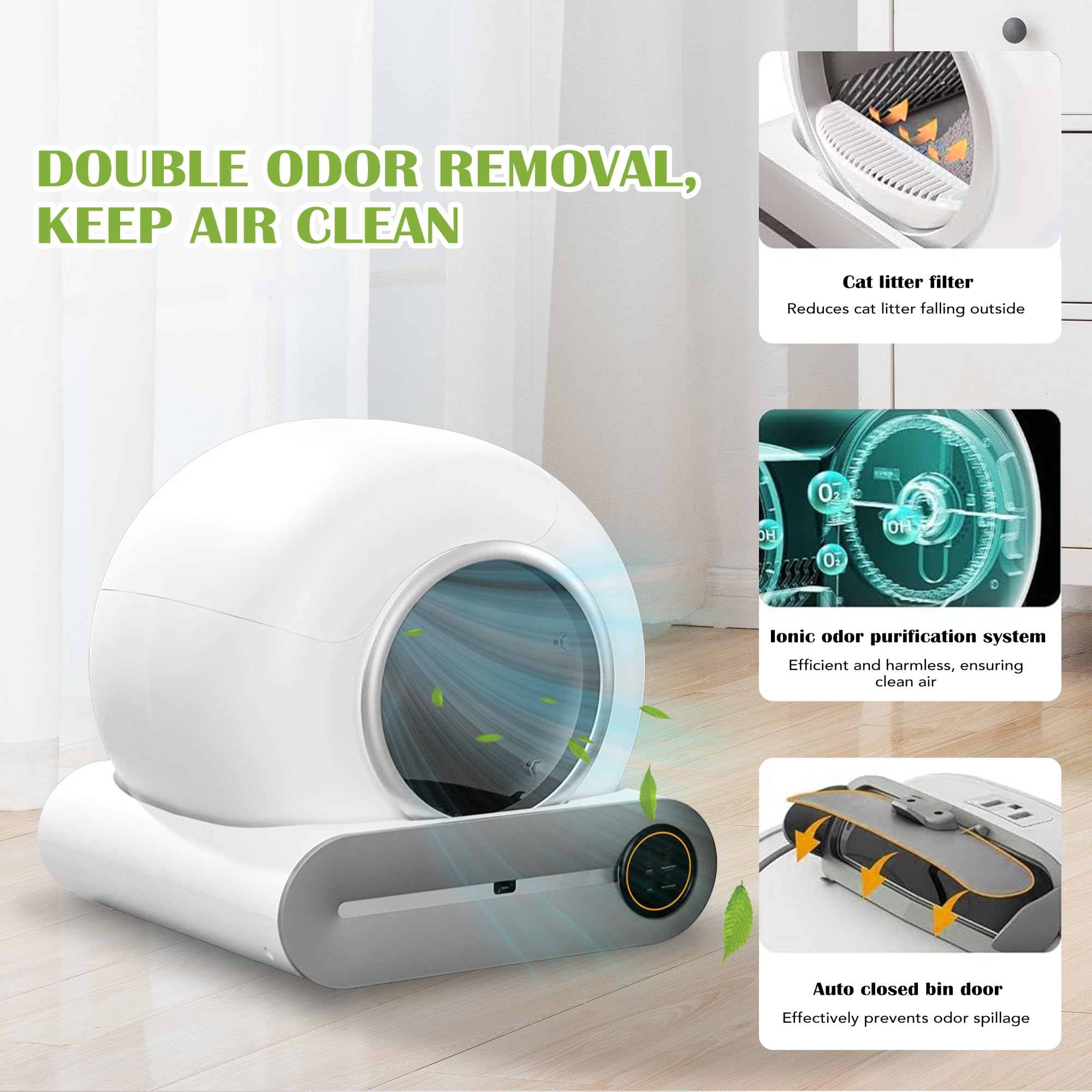 Caja de Arena Autolimpiable para Gatos Con Detector de Infrarrojos y Sensores de Peso, Eliminación de Olores, Gran Capacidad de 65 L + 9
