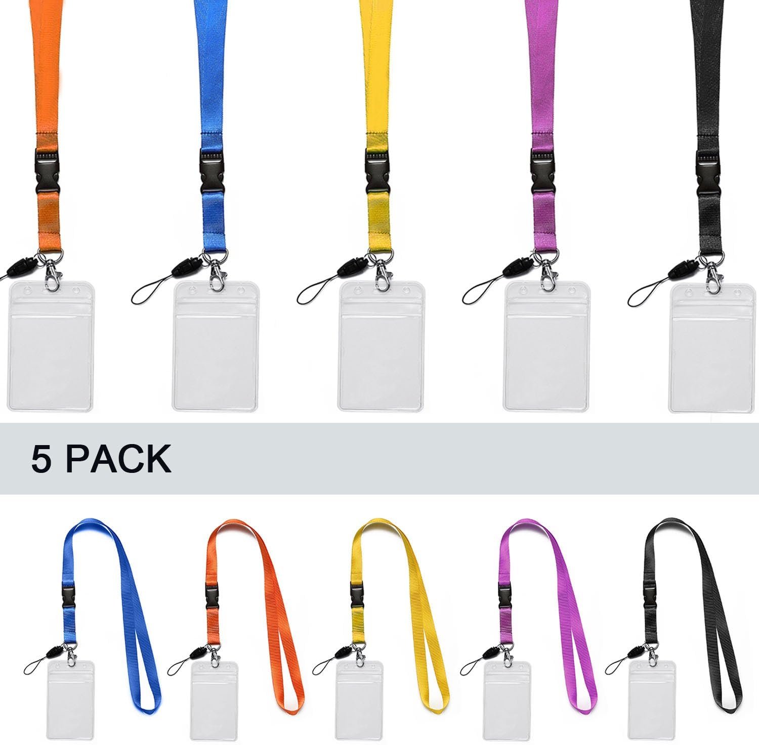 YOUOWO 5 Pack Neck Detachable Buckle Hook Breakaway Lanyards with Clear Vertical Badge Holder,for Office Keys Women Men Cell Phones USB Whistles, Black,Blue,Yellow,Orange,Purple - Image 7