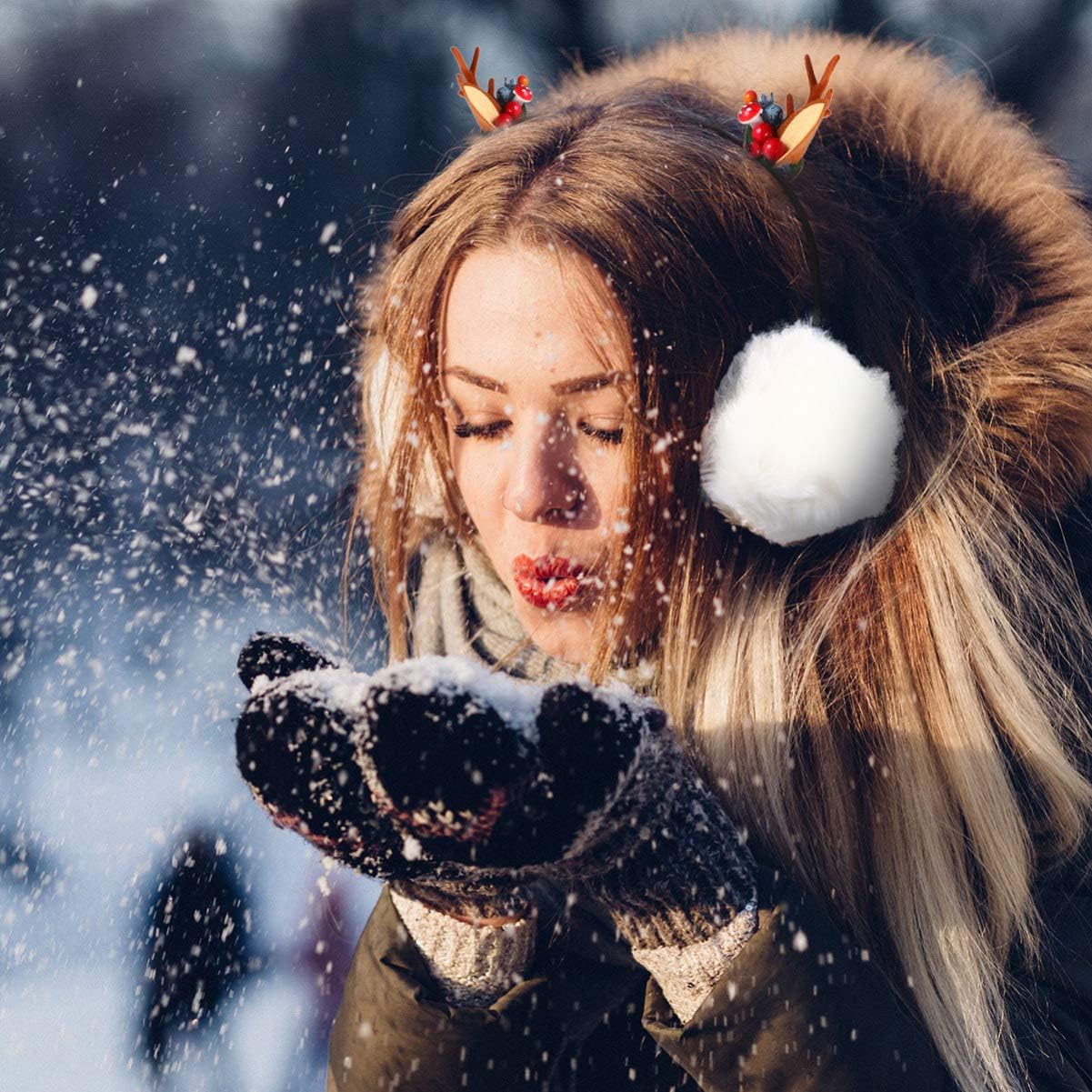 ABOOFAN Plush Earmuffs Animal Reindeer Antlers Earmuffs Winter Warm Ear Covers Headband Christmas Ear Warmers for Girls
