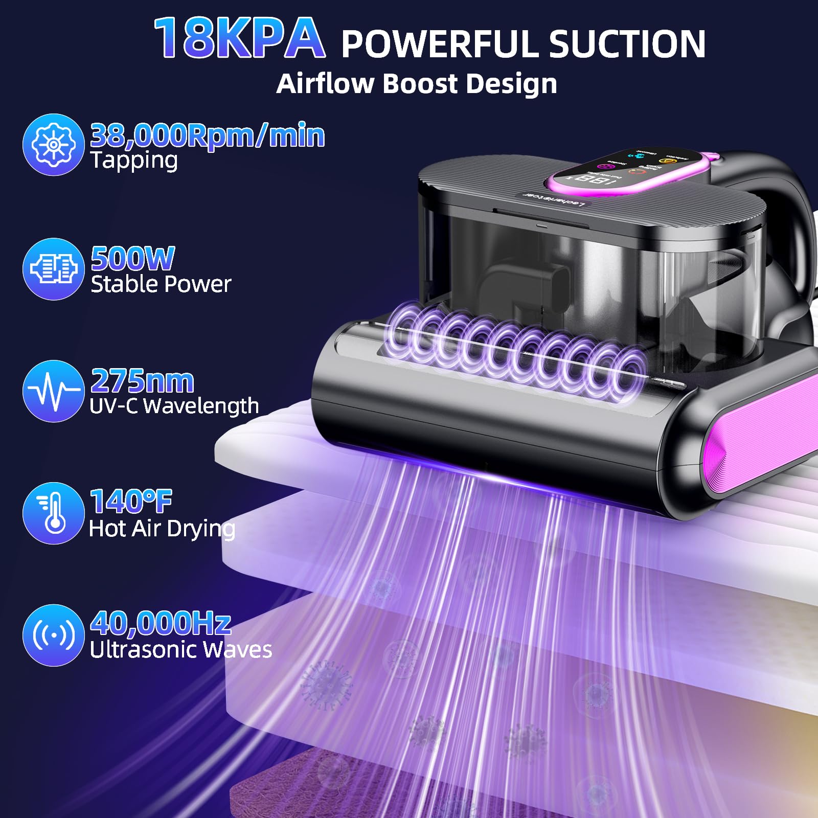 Aspirapolvere per materasso, detergente per materasso da 15 kPa con super aspirazione e luce UV da 275 nm, aspirapolvere materasso a mano da 500 W per letto, divano, mobili, culla, filtro di ricambio