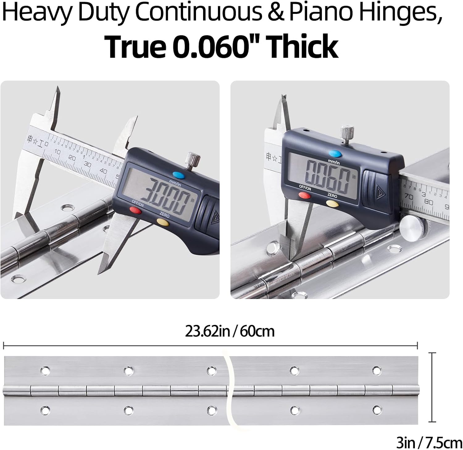 2 Pack Heavy Duty Piano Hinge 24 Inch x 3 Inch Stainless Steel Continuous & Piano Hinges with Holes, 24" Continuous Hinges for Cabinet, Door, DIY Wood Boxes, 0.060" Leaf Thickness, 3" Open Width
