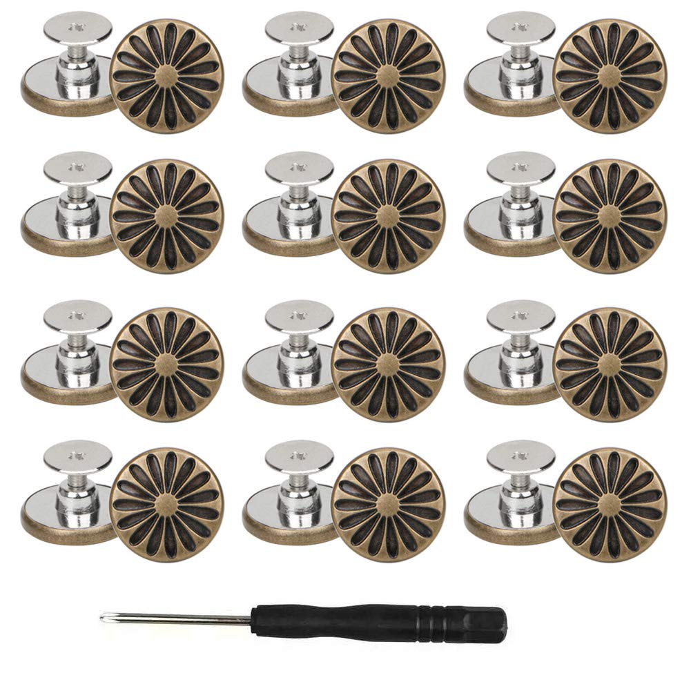Mingchen Retro Daisy Removable Metal Decorative Buttons Flower Pattern Carving Round Shape Conchos Castings Screw Detachable Jeans Button Personality DIY Leather Goods Decoration Accessories 30 pieces