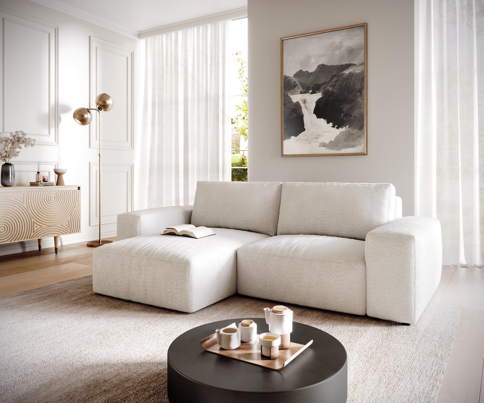 DELIFE Eckcouch Lanzo Bouclé Creme-Weiß 230x155 cm Recamiere variabel