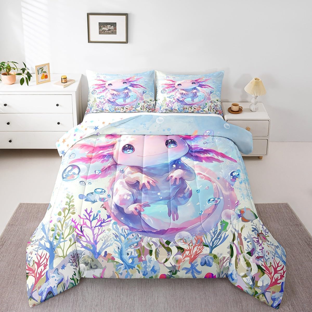 Feelyou Boys Girls Cute Axolotl Bedding Set Full Size, Ocean Sealife Comforter Kids Kawaii Comforter Set Cartoon Salamander Teens Duvet Set Bedroom Decor with 2 Pillow Case