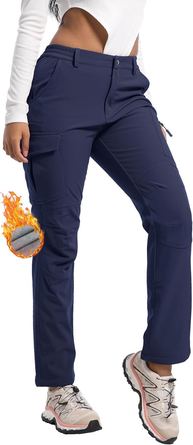 Women's Snow Ski Pants Fleece Lined Waterproof Softshell Insulated Winter Outdoor Hiking Cargo Pants