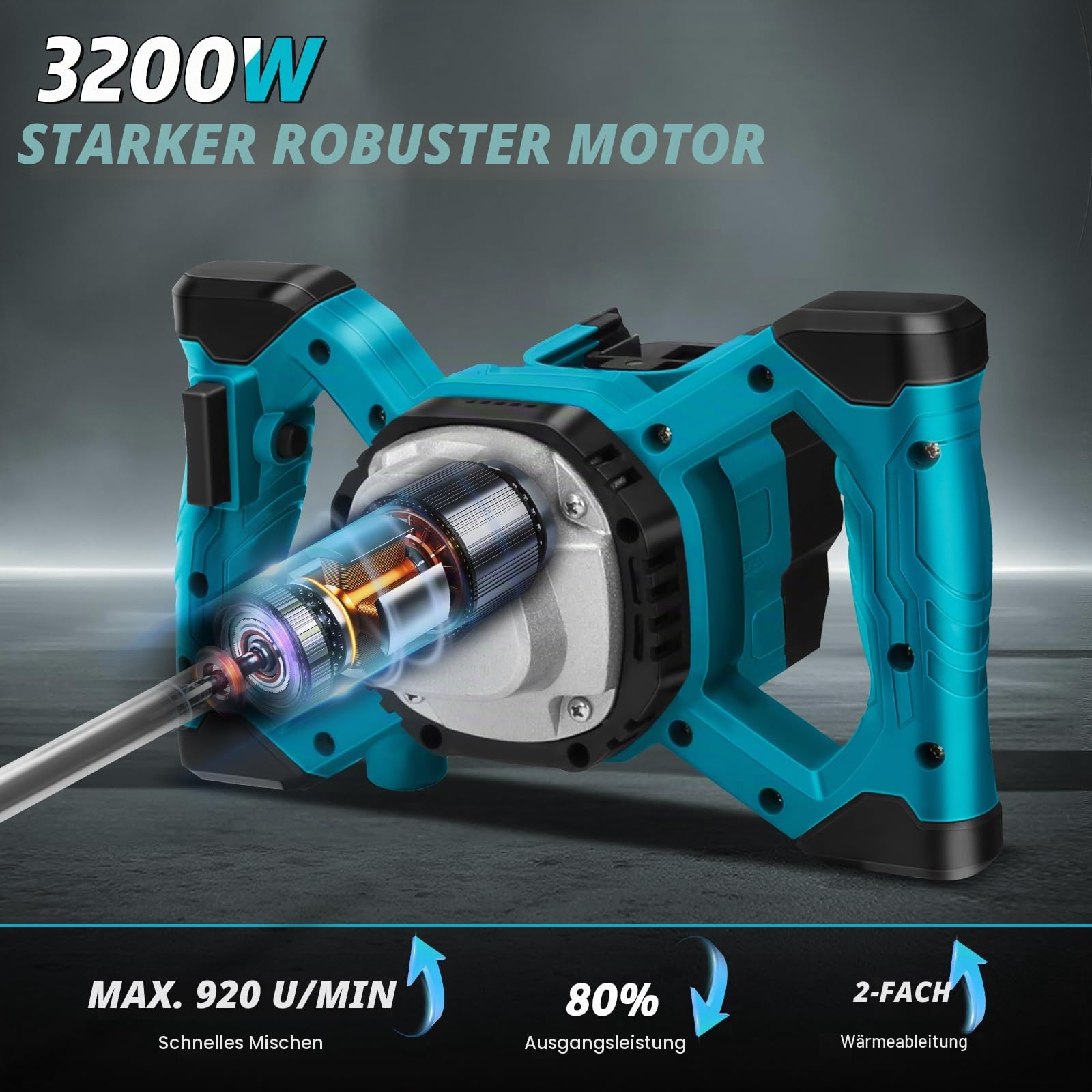 Akku Farbmörtelrührer Kompatibel mit Makita 18V Batterie, 3200W Rührwerk Mörtelrührer Zementrührer mit 2x2600mAh Akkus, 6-Gang, Brushless Farb-Mörtelrührer für Zement, Beton und Farbe