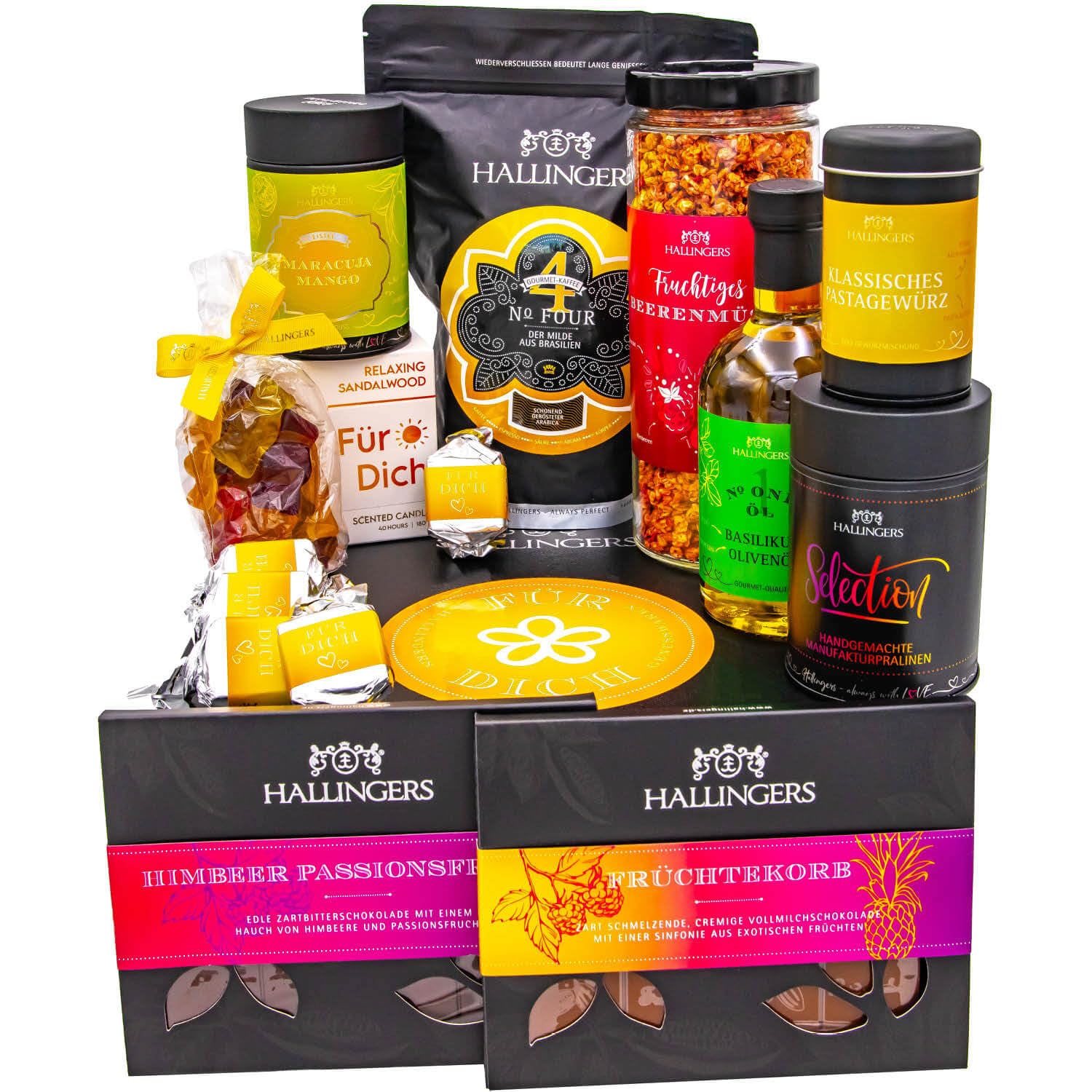 Hallingers Genuss Manufaktur Feinkost Liebes-Geschenk-Set - XXL-Geschenkkorb "Für Dich" große Selektion Müsli, Öl, Kaffee, Duftkerze, Nougat, Schoki, Eistee & mehr, Geschenkidee für Frauen Männer