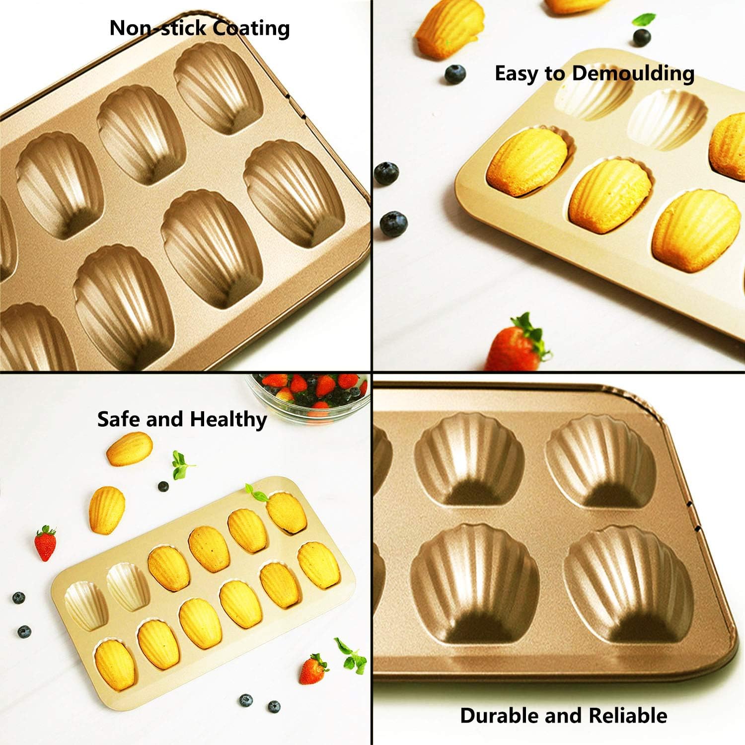Kilimazart Nonstick Madeleine Pan 12-Cup Heavy Duty Shell Shape Baking Cake Mold Tray (Golden) - Image 3