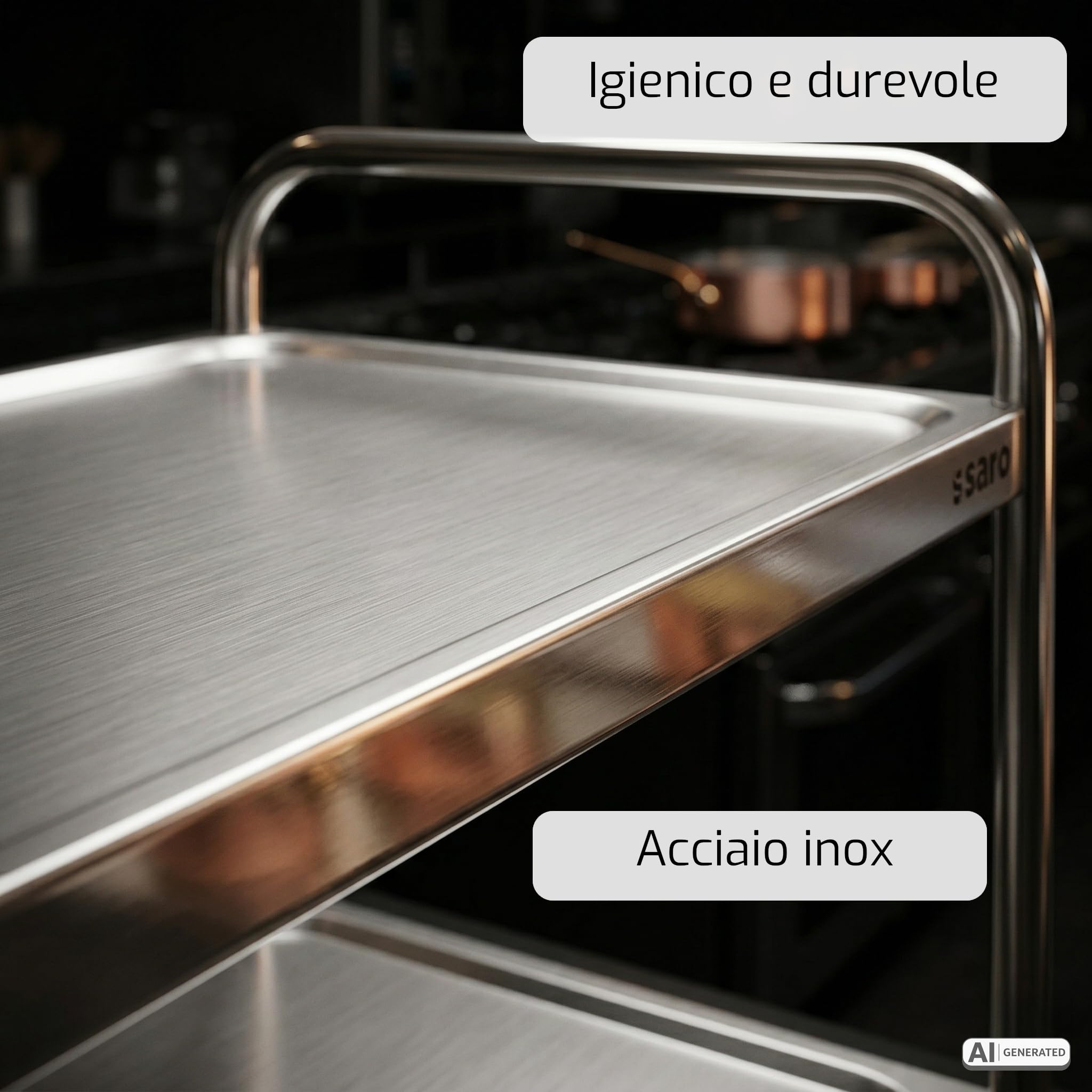 SARO BASTIAN - Carrello da trasporto a 3 ripiani, in acciaio inox, con portata da 80 kg, 4 ruote (2 con freno), da 86 x 54 x 94 cm, per settore gastronomico e servizio